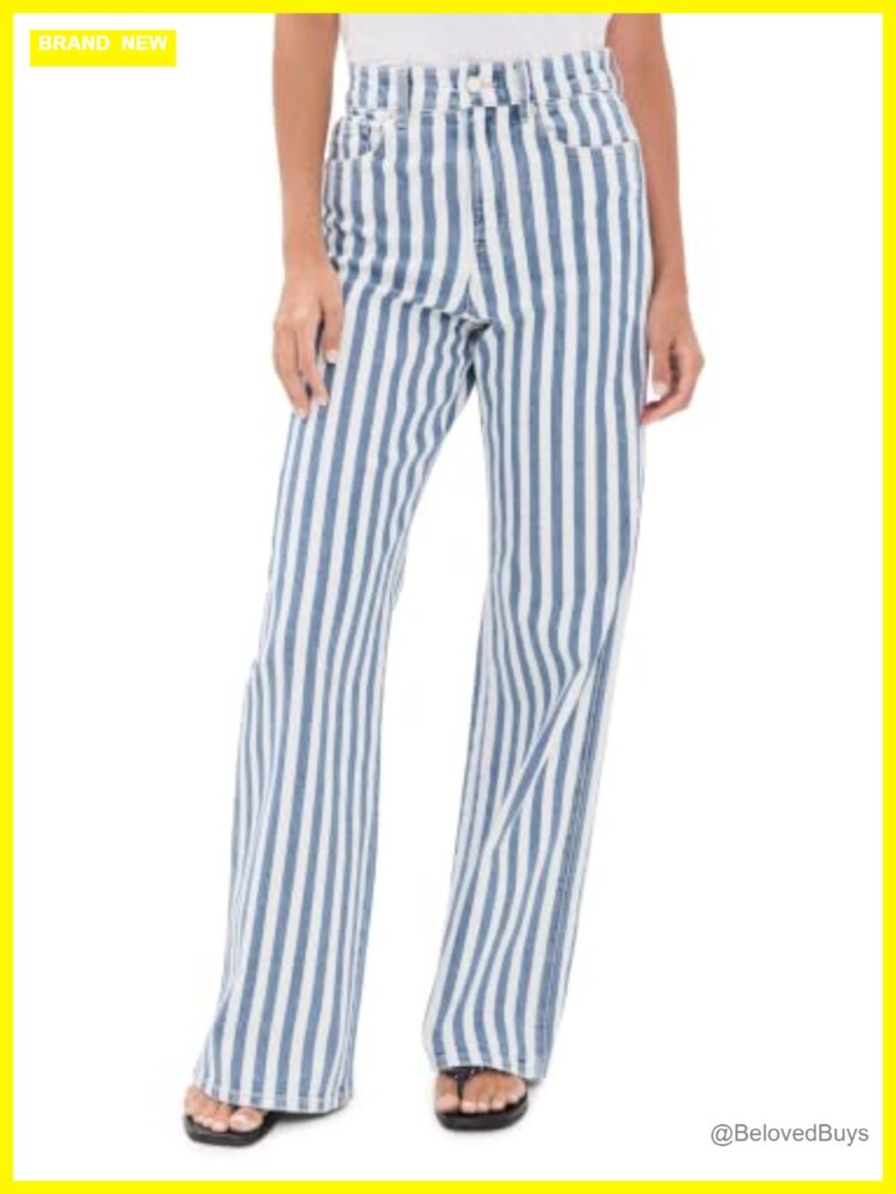 High Rise Straight Leg Striped Jeans Mid Weight Low Stretch Denim